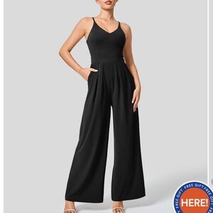 Halara breezeful backless wide leg jumpsuit with pockets in black